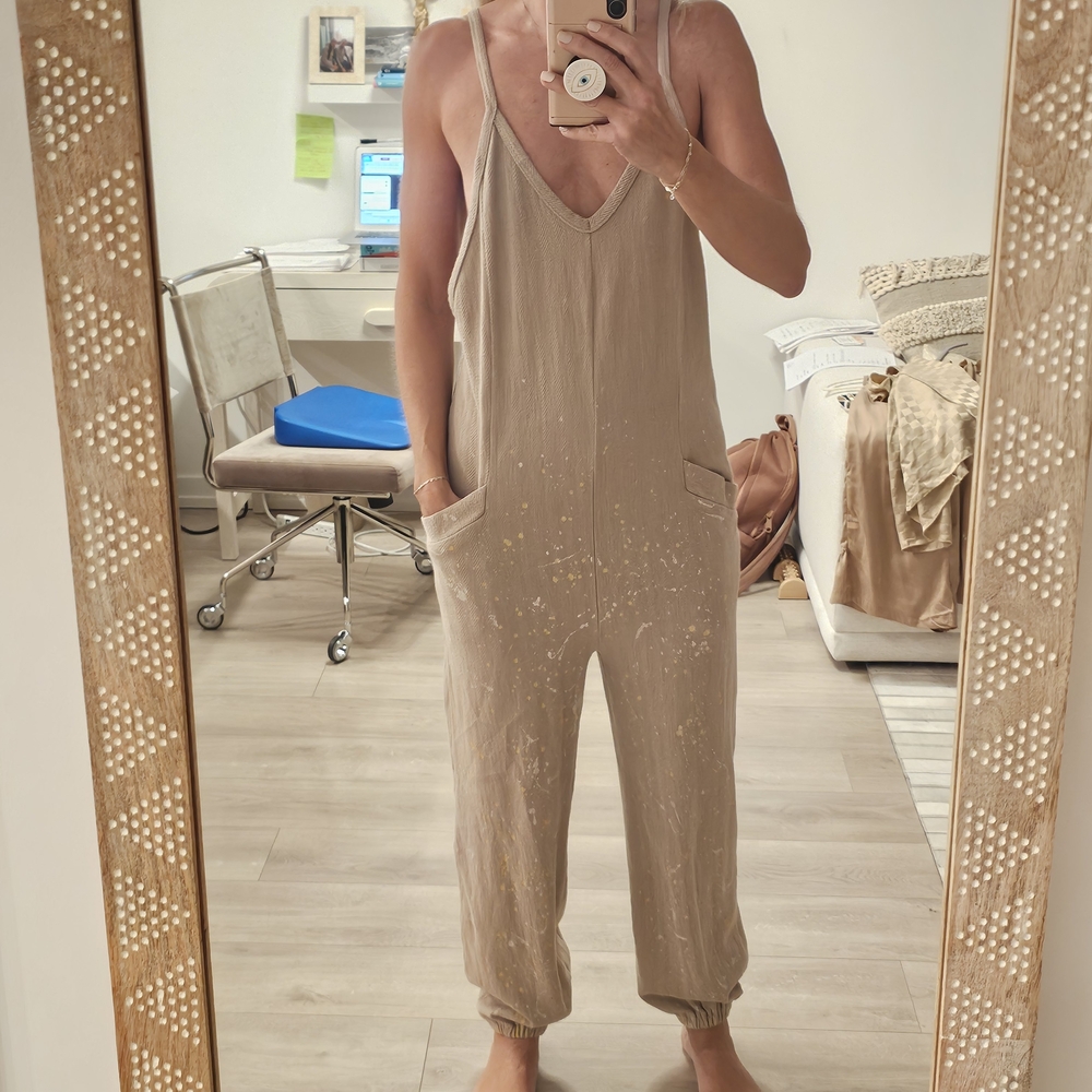 Anthropologie 'MARONIE' SZ M BEIGE Jumpsuit W SPLAT PAINT DESIGN